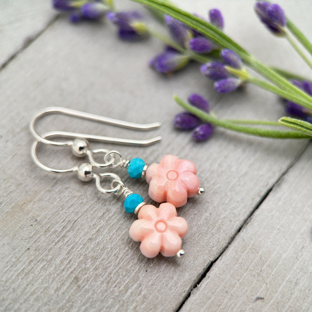 Pink Queen Conch Shell Small Flower, Turquoise and Solid Sterling Silver Earrings - SunlightSilver