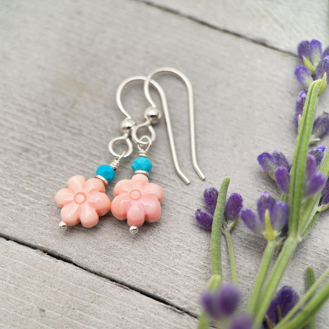 Pink Queen Conch Shell Small Flower, Turquoise and Solid Sterling Silver Earrings - SunlightSilver