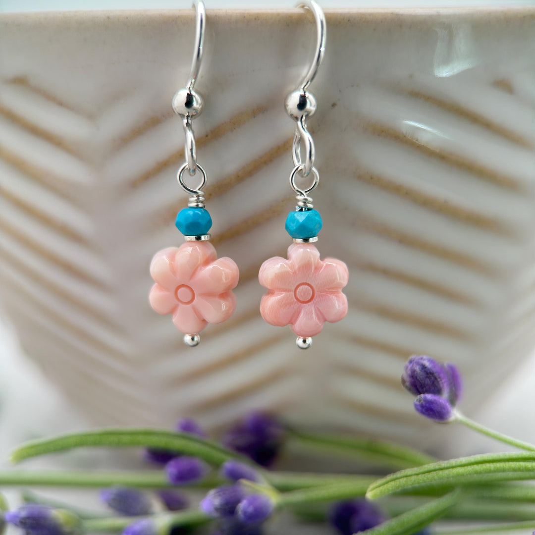 Pink Queen Conch Shell Small Flower, Turquoise and Solid Sterling Silver Earrings - SunlightSilver