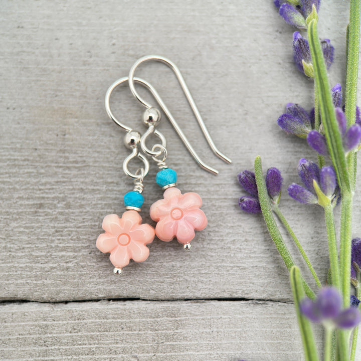 Pink Queen Conch Shell Small Flower, Turquoise and Solid Sterling Silver Earrings - SunlightSilver