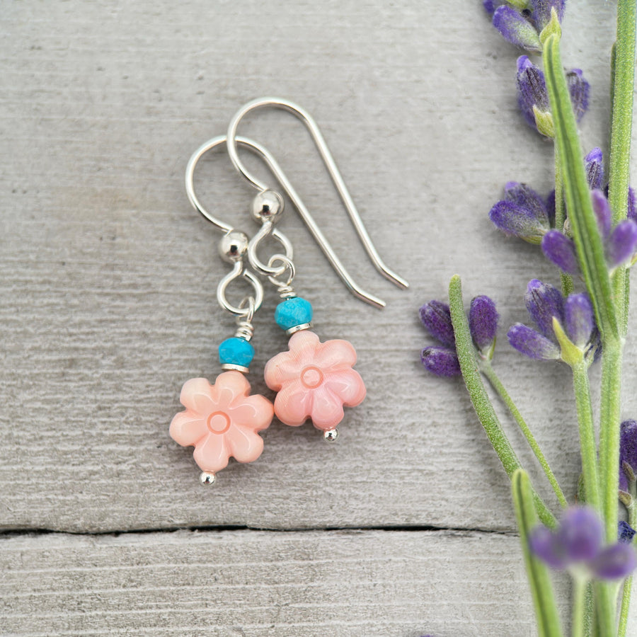 Pink Queen Conch Shell Small Flower, Turquoise and Solid Sterling Silver Earrings - SunlightSilver