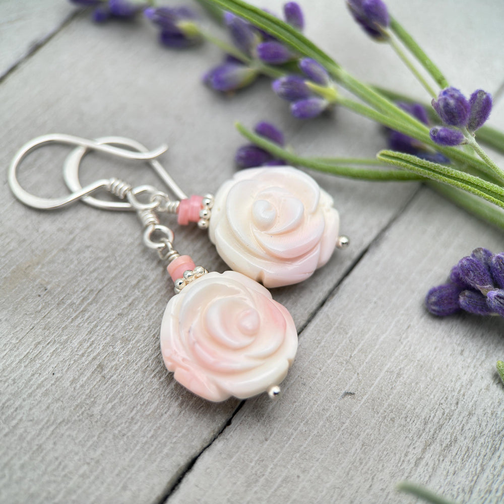 Pink Queen Conch Shell Large Rose Flower and Solid Sterling Silver Earrings - SunlightSilver
