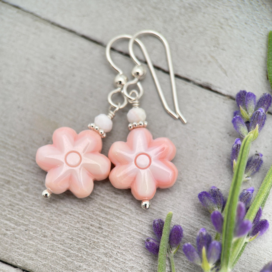 Pink Queen Conch Shell Large Flower and Solid Sterling Silver Earrings - SunlightSilver