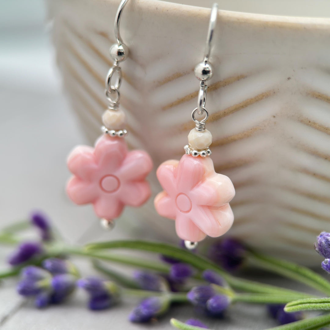 Pink Queen Conch Shell Large Flower and Solid Sterling Silver Earrings - SunlightSilver
