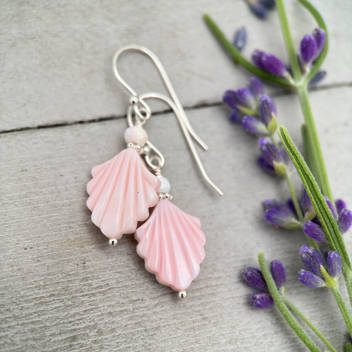 Handmade Conch Shell Earrings | Pink Fan Earrings with Sterling Silver | Boho Coastal Artisan Jewelry - SunlightSilver