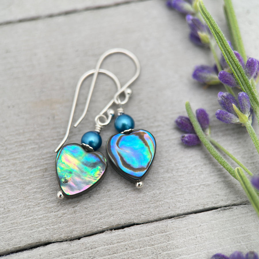 Paua Abalone Shell Heart Earrings – Sterling Silver Ocean Jewelry – Rainbow Shell Freshwater Pearls – Boho Beach Gift for Her – Handmade - SunlightSilver