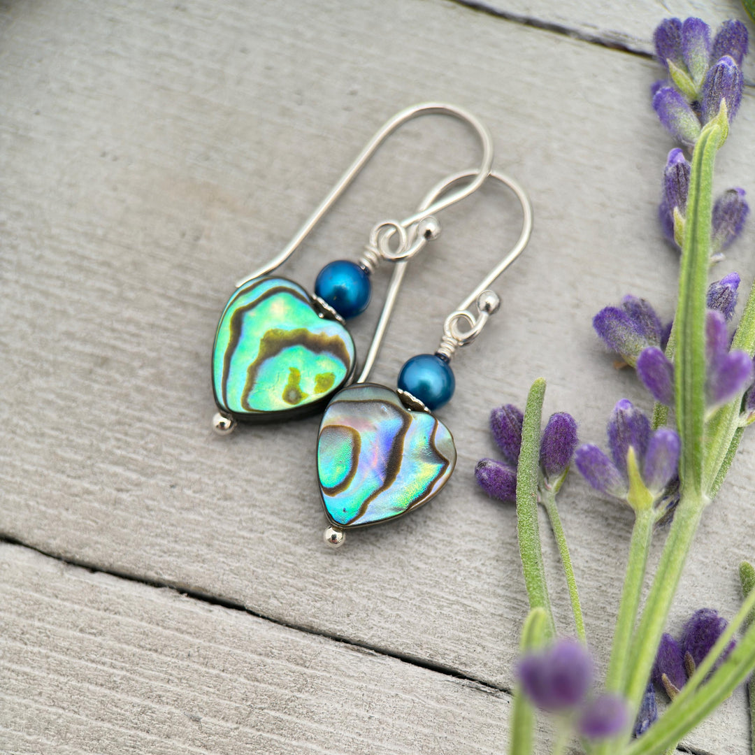 Paua Abalone Shell Heart Earrings – Sterling Silver Ocean Jewelry – Rainbow Shell Freshwater Pearls – Boho Beach Gift for Her – Handmade - SunlightSilver