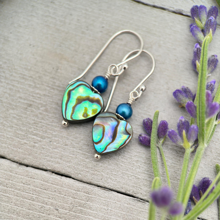 Paua Abalone Shell Heart Earrings – Sterling Silver Ocean Jewelry – Rainbow Shell Freshwater Pearls – Boho Beach Gift for Her – Handmade - SunlightSilver