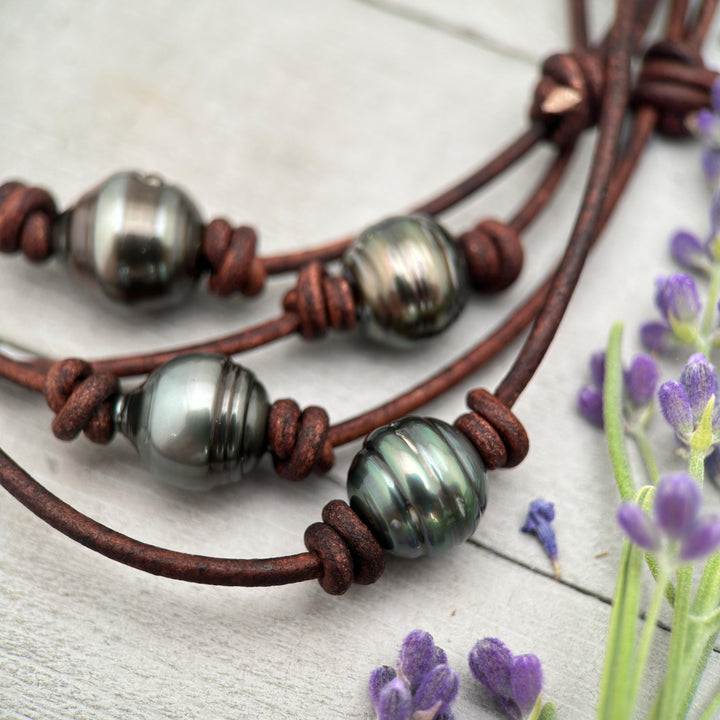 Tahitian Pearl Leather Necklace – Genuine Large 12-13mm Baroque Pearl – Rustic Brown or Black Cord - Adjustable Wear it long or short - SunlightSilver