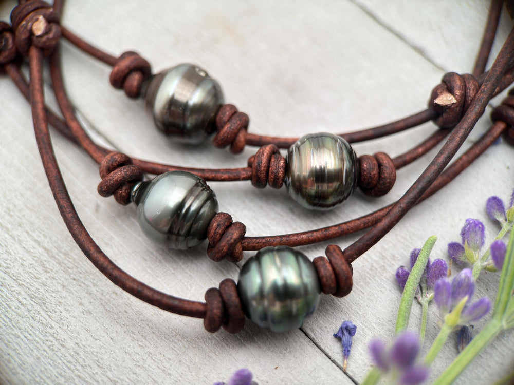 Tahitian Pearl Leather Necklace – Genuine Large 12-13mm Baroque Pearl – Rustic Brown or Black Cord - Adjustable Wear it long or short - SunlightSilver