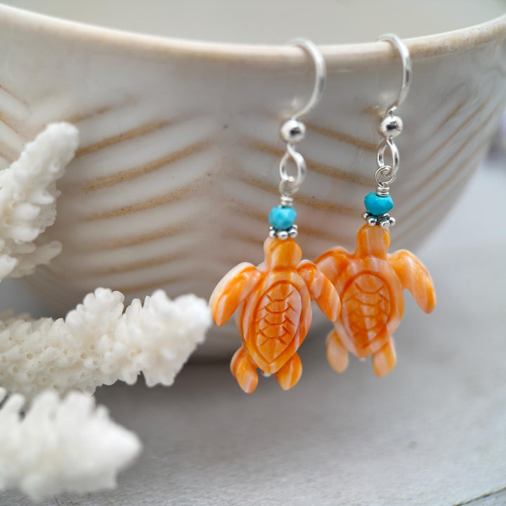 Orange Spiny Oyster Sea Turtle Earrings with Turquoise and Sterling Silver - SunlightSilver