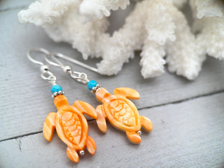 Orange Spiny Oyster Sea Turtle Earrings with Turquoise and Sterling Silver - SunlightSilver