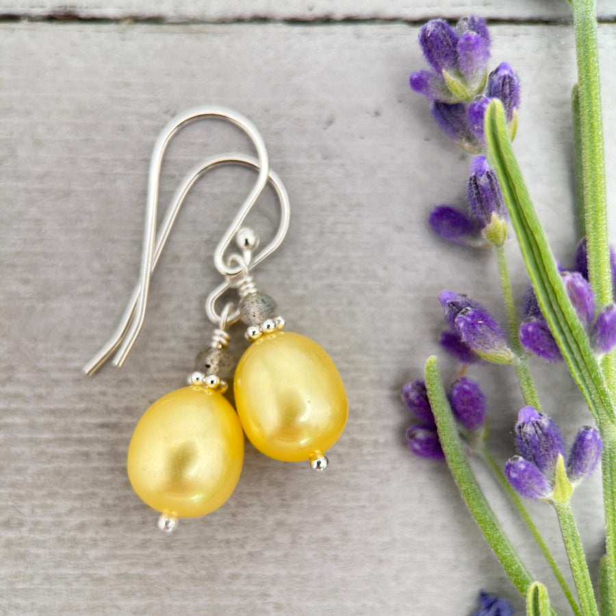 Yellow Freshwater Pearl, Labradorite, and Sterling Silver Earrings - SunlightSilver