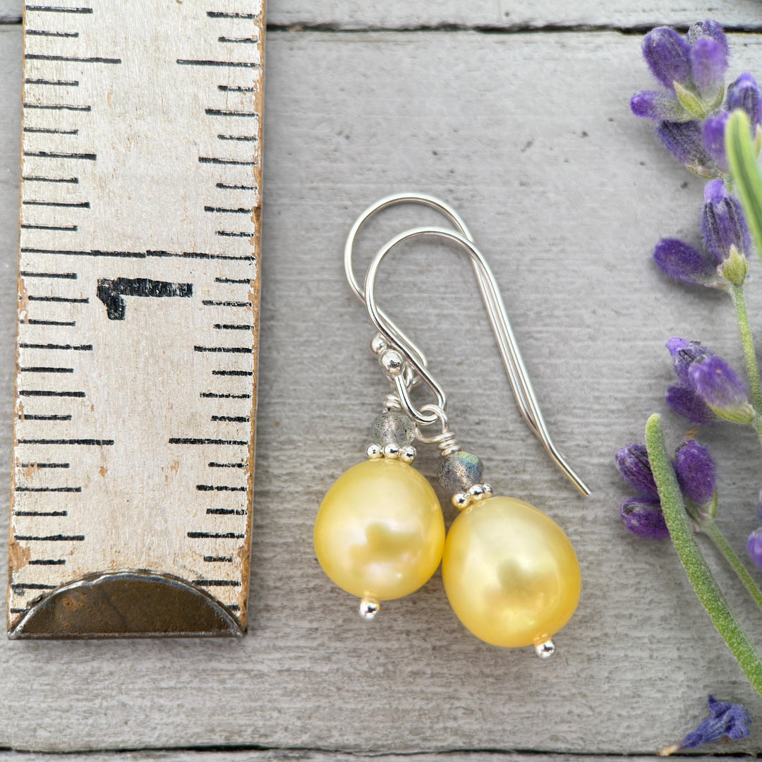 Yellow Freshwater Pearl, Labradorite, and Sterling Silver Earrings - SunlightSilver