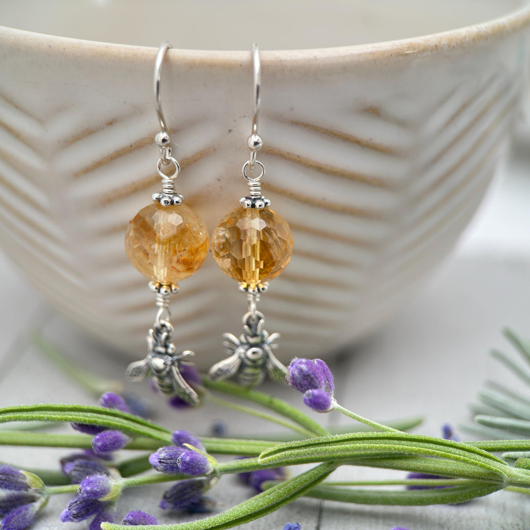 Golden Citrine and Sterling Silver Bee Earrings - SunlightSilver