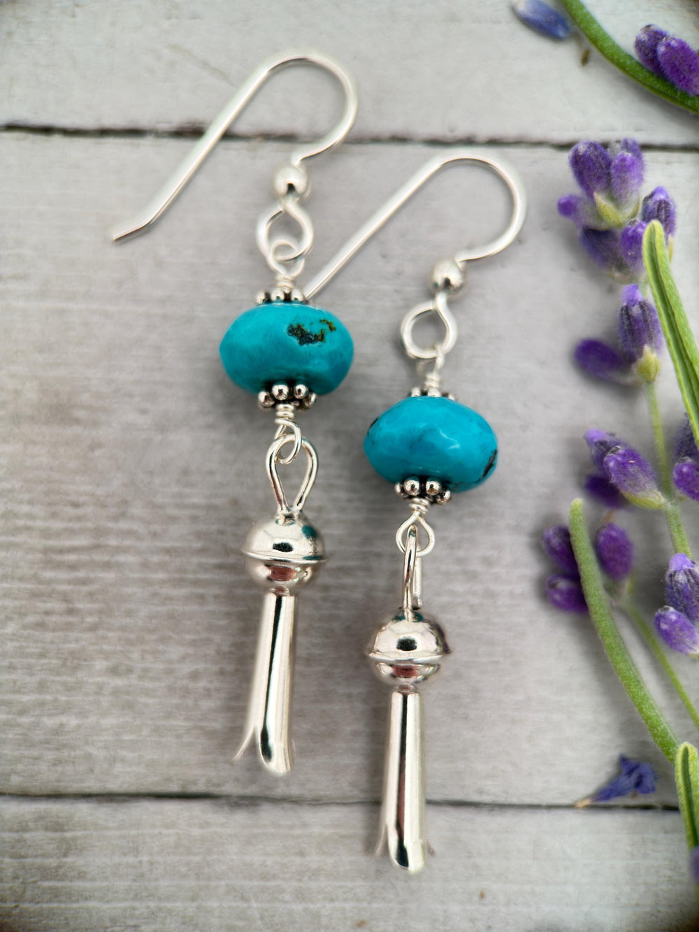 Turquoise and Navajo Sterling Silver Squash Blossom Earrings - SunlightSilver