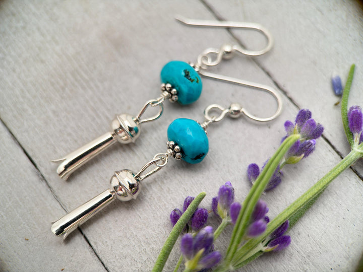 Turquoise and Navajo Sterling Silver Squash Blossom Earrings - SunlightSilver