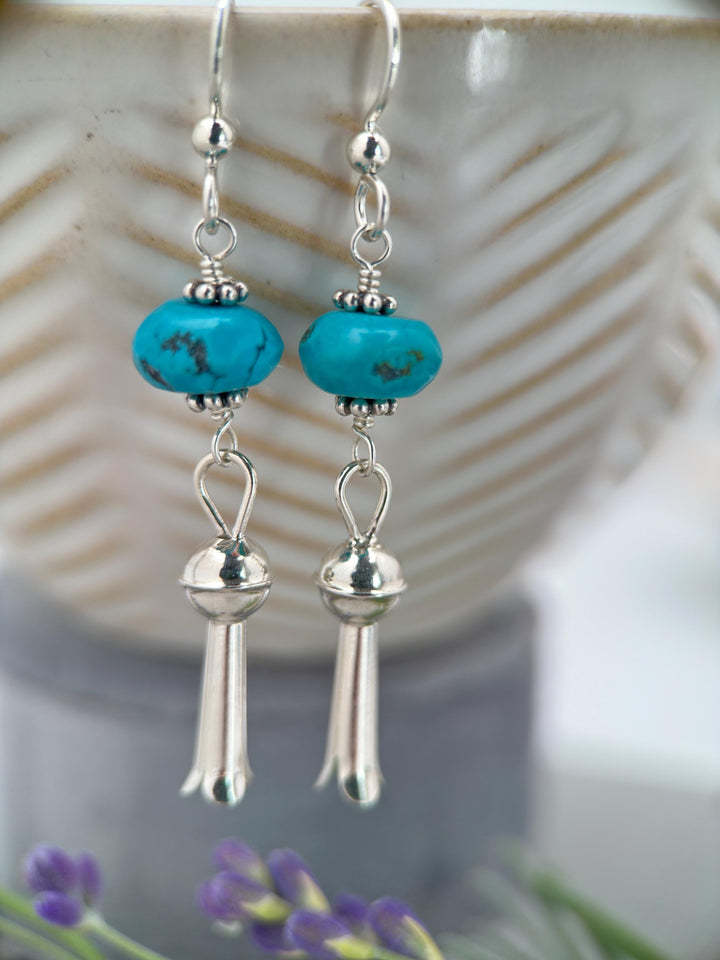 Turquoise and Navajo Sterling Silver Squash Blossom Earrings - SunlightSilver
