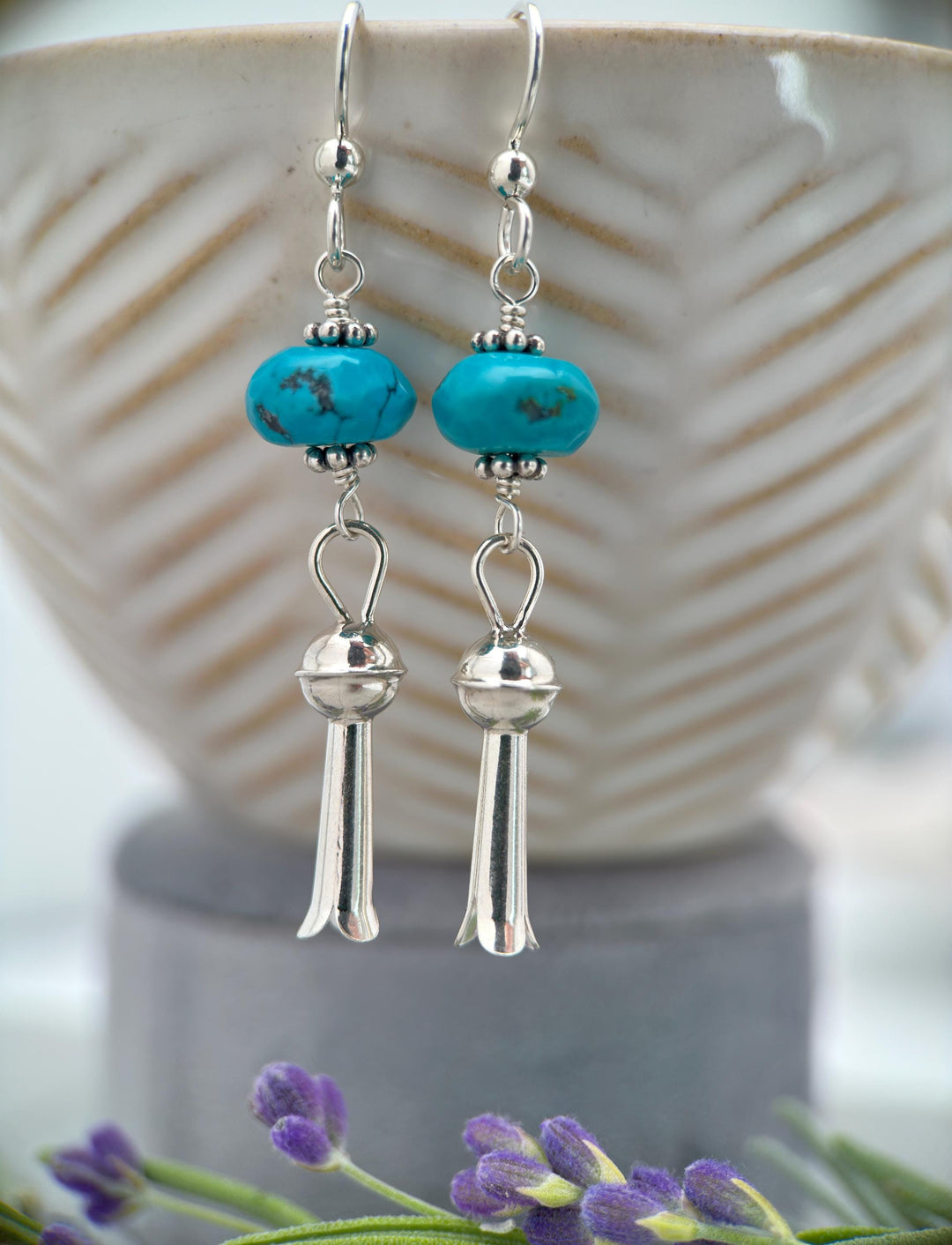 Turquoise and Navajo Sterling Silver Squash Blossom Earrings - SunlightSilver