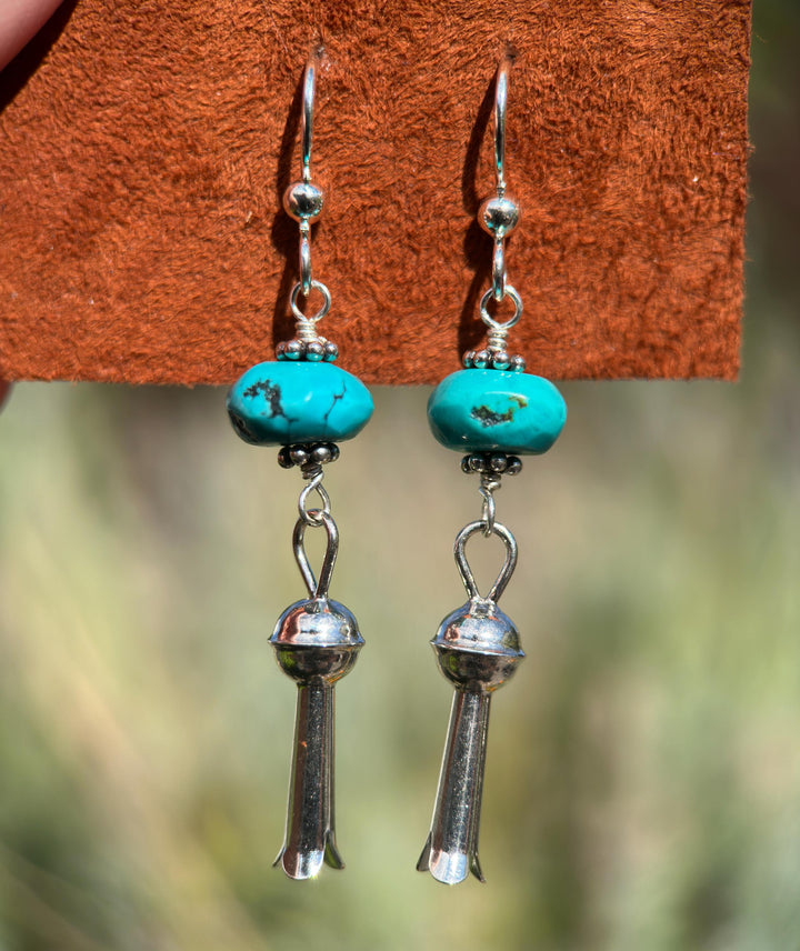 Turquoise and Navajo Sterling Silver Squash Blossom Earrings - SunlightSilver