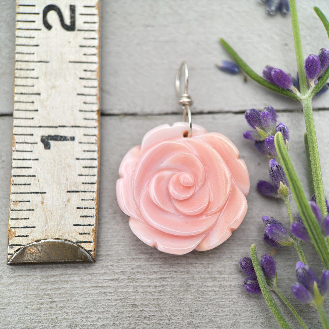 Large Carved Pink Queen Conch Shell Flower and Sterling Silver Pendant - SunlightSilver