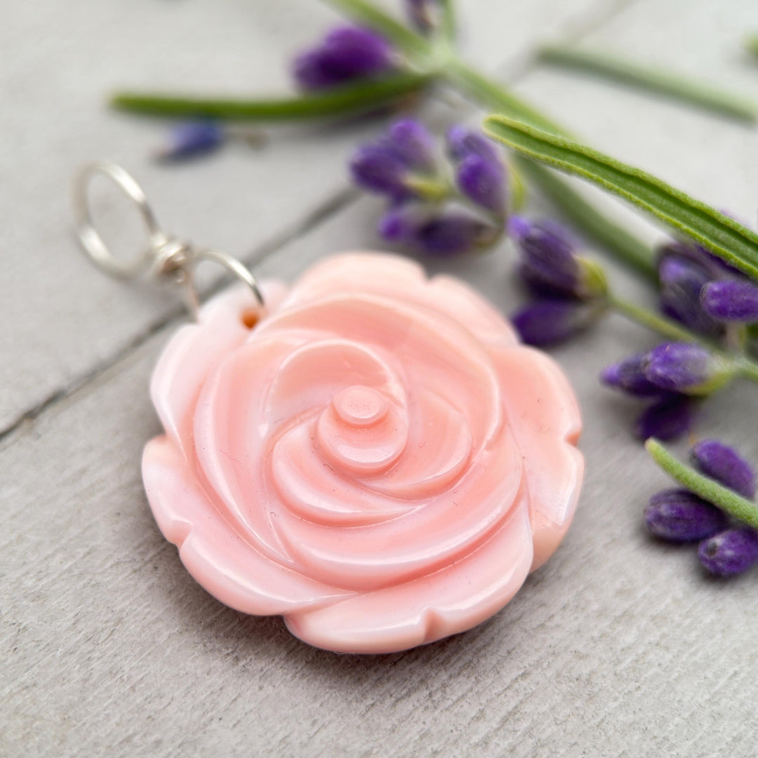 Large Carved Pink Queen Conch Shell Flower and Sterling Silver Pendant - SunlightSilver