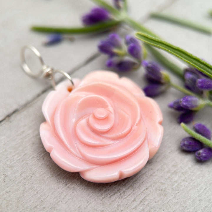 Large Carved Pink Queen Conch Shell Flower and Sterling Silver Pendant - SunlightSilver