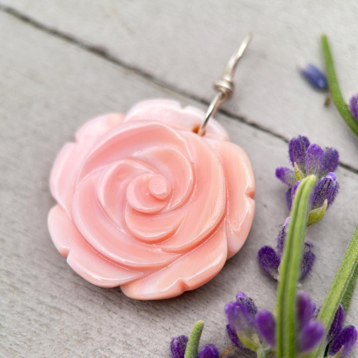 Large Carved Pink Queen Conch Shell Flower and Sterling Silver Pendant - SunlightSilver