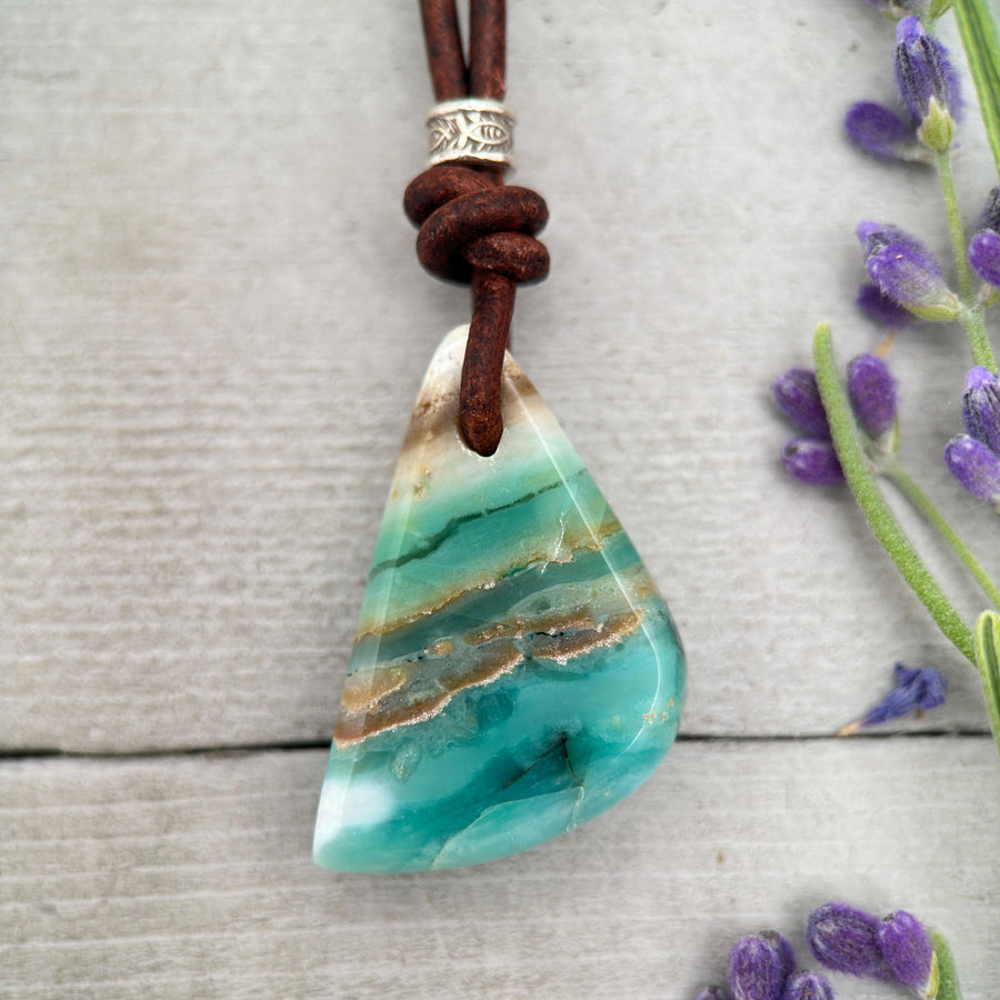 Opalized Petrified Wood Necklace | Indonesian Fossil Gemstone Pendant with Sterling Silver & Rustic Brown Leather | Ocean Beach Scenic Stone - SunlightSilver