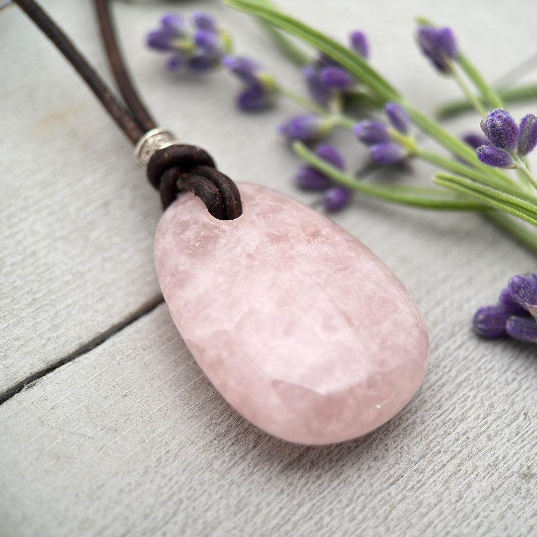 Rose Quartz Pendant Necklace – Polished Pink Gemstone on Brown Leather Cord – Light Pink Healing Crystal - Handmade in the USA - SunlightSilver