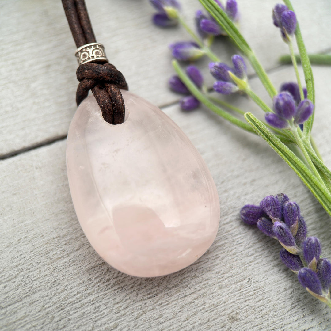 Rose Quartz Pendant Necklace – Polished Pink Gemstone on Brown Leather Cord – Light Pink Healing Crystal - Handmade in the USA - SunlightSilver