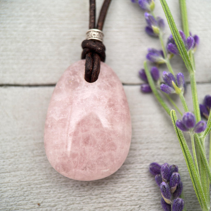 Rose Quartz Pendant Necklace – Polished Pink Gemstone on Brown Leather Cord – Light Pink Healing Crystal - Handmade in the USA - SunlightSilver