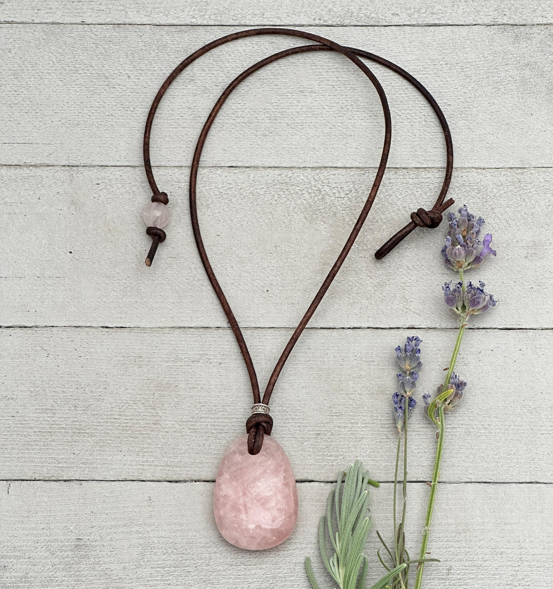 Rose Quartz Pendant Necklace – Polished Pink Gemstone on Brown Leather Cord – Light Pink Healing Crystal - Handmade in the USA - SunlightSilver