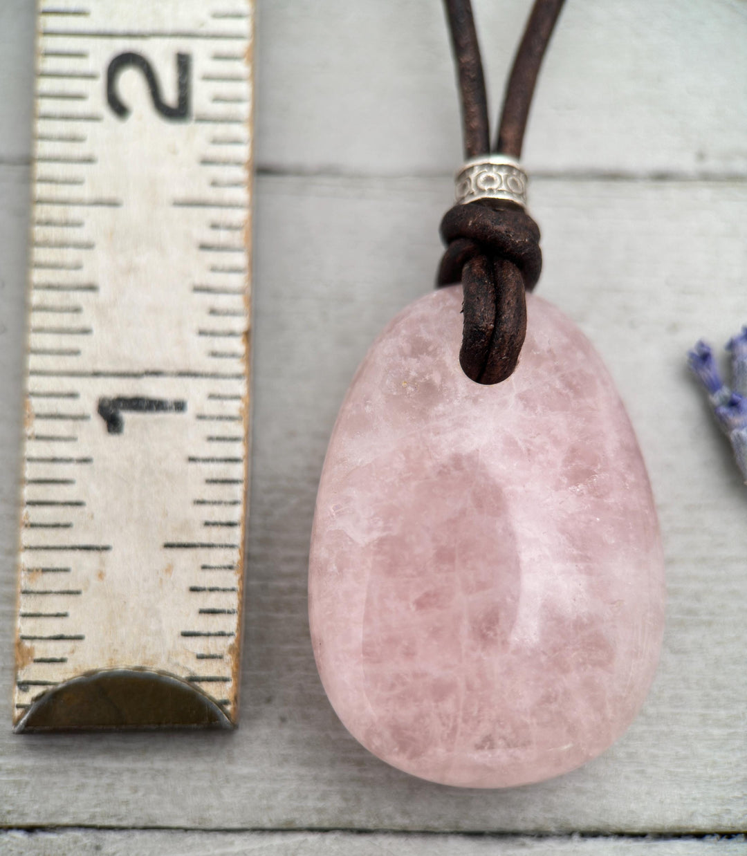 Rose Quartz Pendant Necklace – Polished Pink Gemstone on Brown Leather Cord – Light Pink Healing Crystal - Handmade in the USA - SunlightSilver