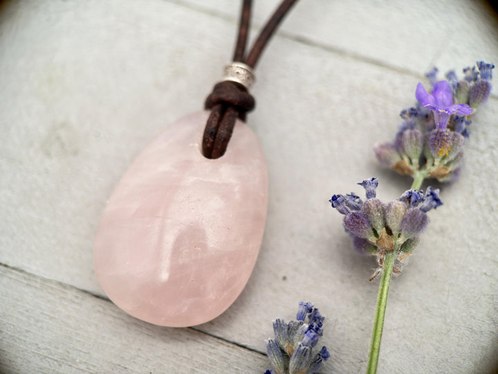 Rose Quartz Pendant Necklace – Polished Pink Gemstone on Brown Leather Cord – Light Pink Healing Crystal - Handmade in the USA - SunlightSilver