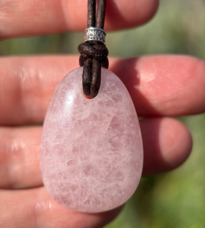 Rose Quartz Pendant Necklace – Polished Pink Gemstone on Brown Leather Cord – Light Pink Healing Crystal - Handmade in the USA - SunlightSilver