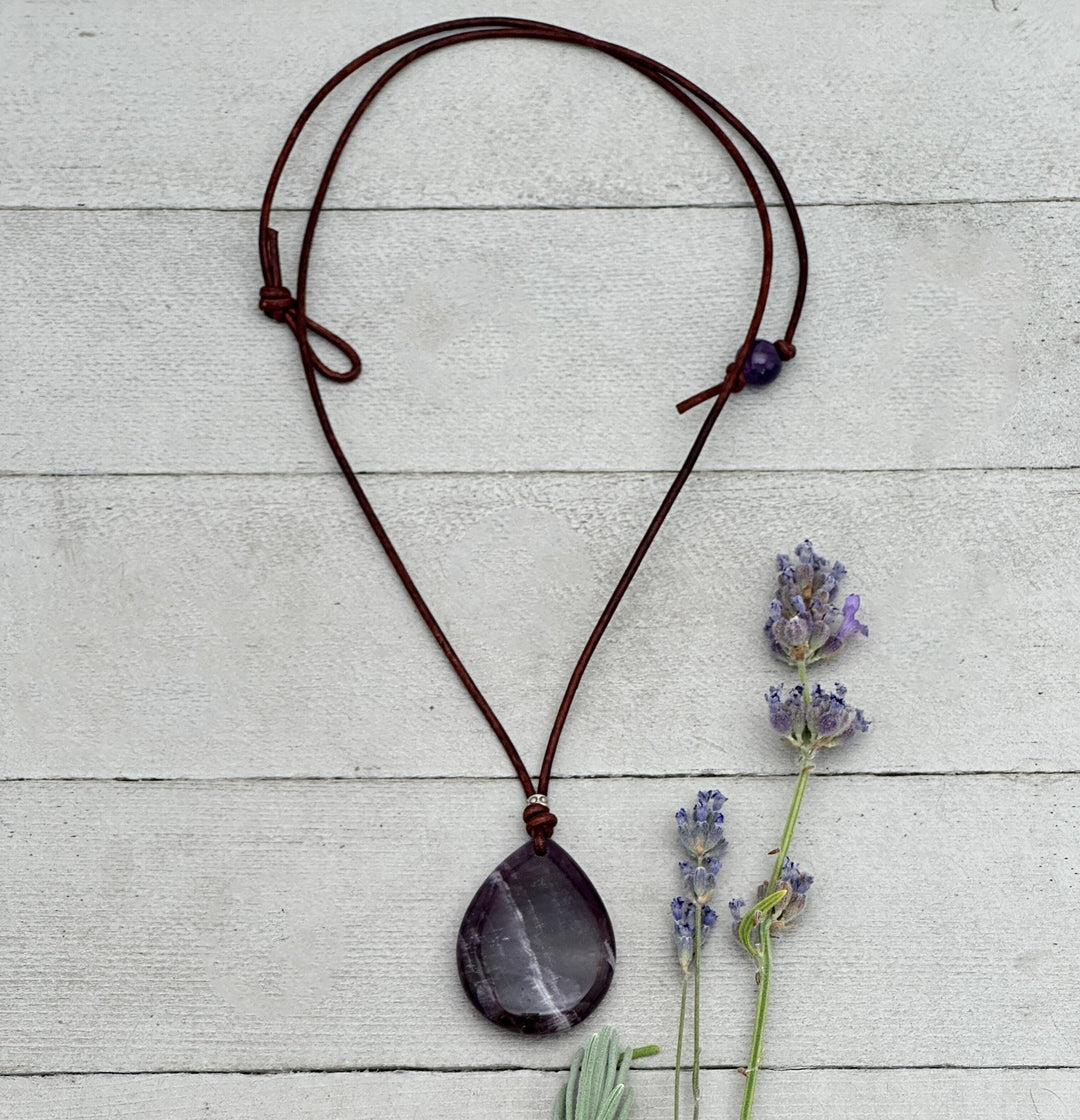Large Amethyst Pendant Necklace – Deep Purple Gemstone on Rustic Leather – Healing Crystal - February Birthstone - Handmade in the USA - SunlightSilver