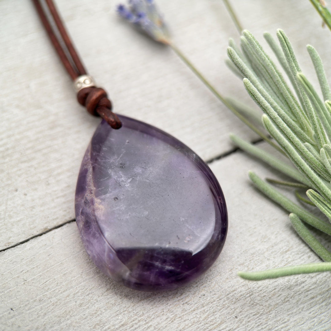 Large Amethyst Pendant Necklace – Deep Purple Gemstone on Rustic Leather – Healing Crystal - February Birthstone - Handmade in the USA - SunlightSilver
