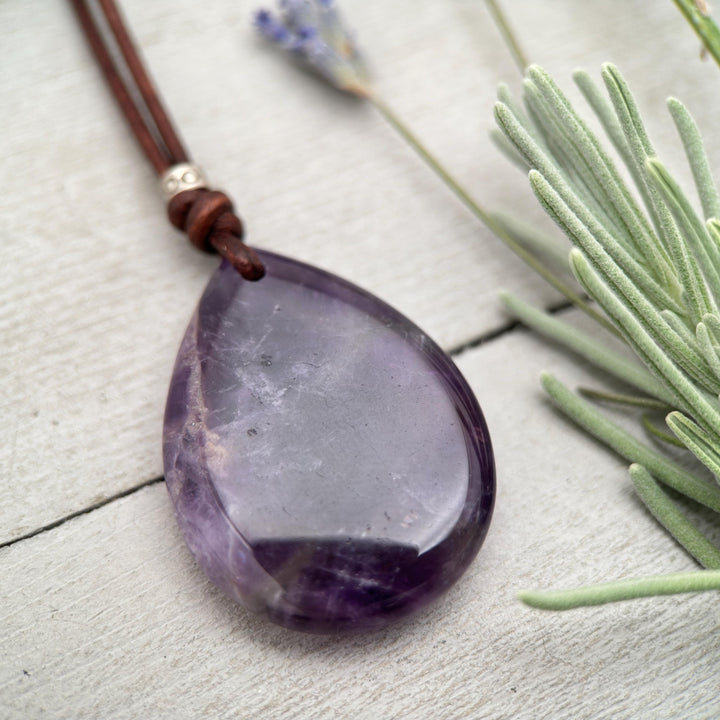 Large Amethyst Pendant Necklace – Deep Purple Gemstone on Rustic Leather – Healing Crystal - February Birthstone - Handmade in the USA - SunlightSilver