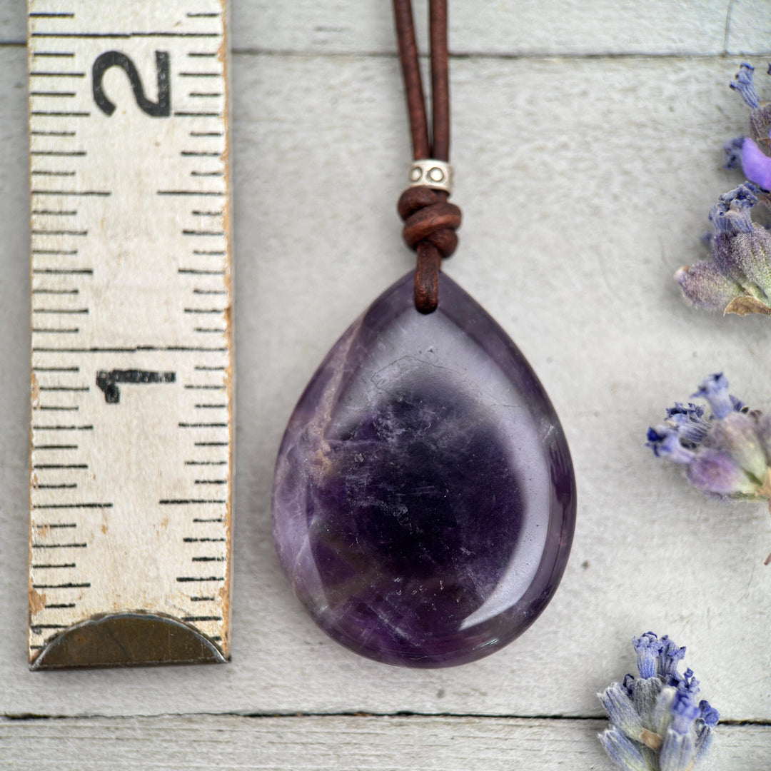 Large Amethyst Pendant Necklace – Deep Purple Gemstone on Rustic Leather – Healing Crystal - February Birthstone - Handmade in the USA - SunlightSilver