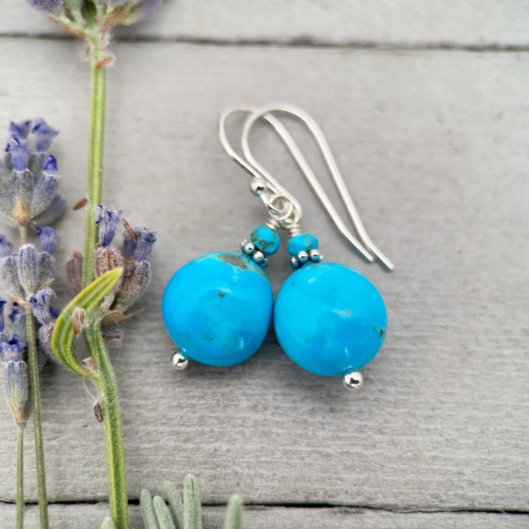 Kingman Turquoise Nugget Earrings – Bright Blue Arizona Turquoise with Sterling Silver – Handmade in the USA - SunlightSilver