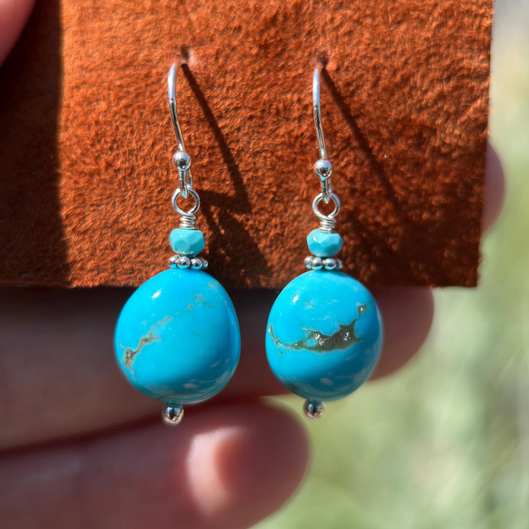 Kingman Turquoise Nugget Earrings – Bright Blue Arizona Turquoise with Sterling Silver – Handmade in the USA - SunlightSilver
