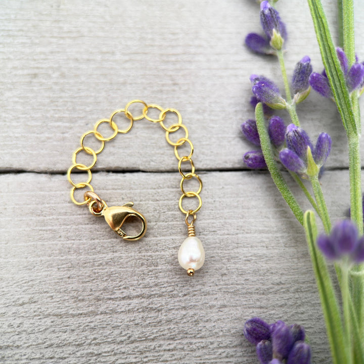 Jewelry Extender in 14k Yellow Gold Fill with White Freshwater Pearl Charm - SunlightSilver
