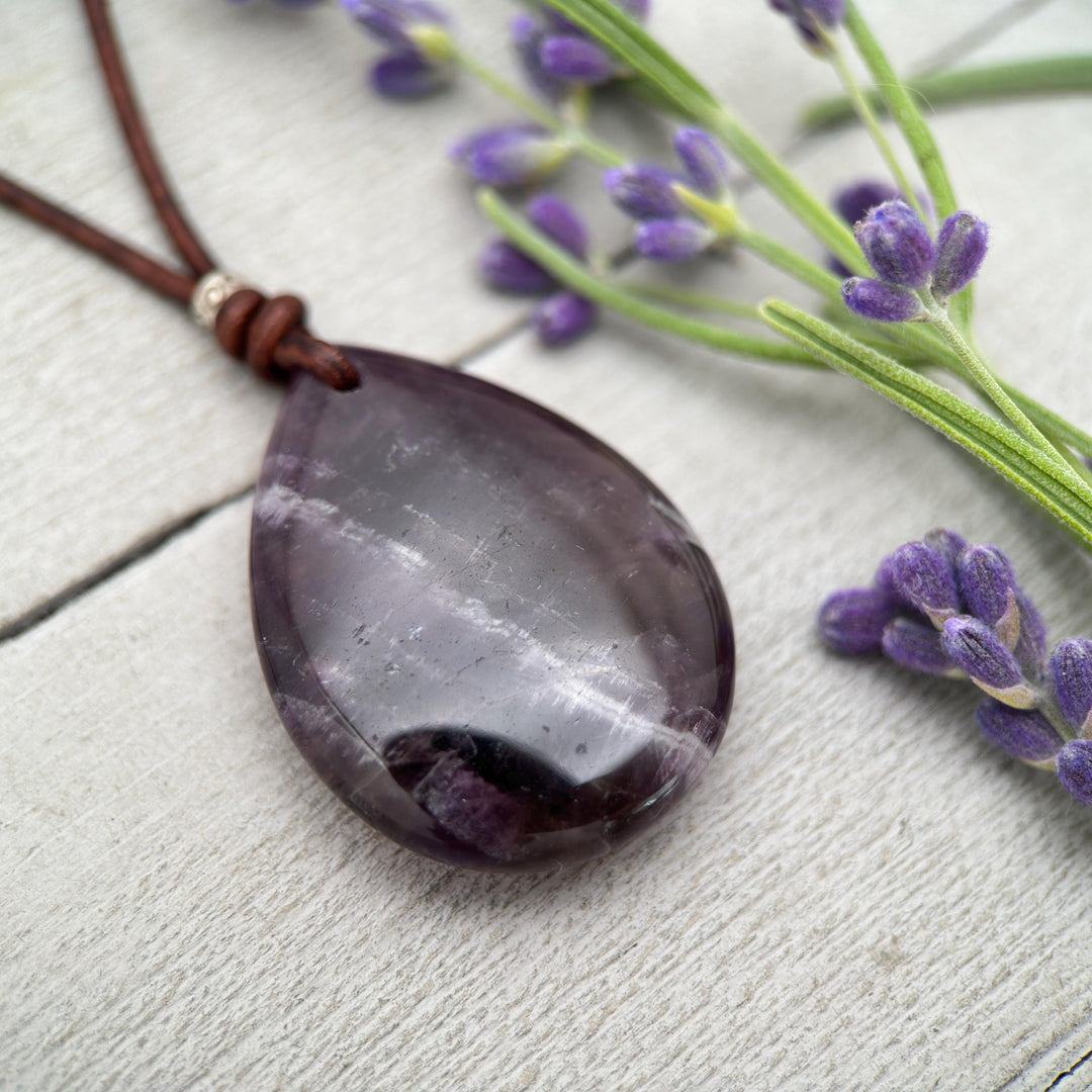 Large Amethyst Pendant Necklace – Deep Purple Gemstone on Rustic Leather – Healing Crystal - February Birthstone - Handmade in the USA - SunlightSilver