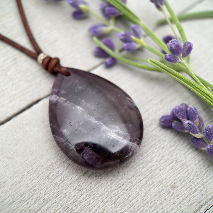 Large Amethyst Pendant Necklace – Deep Purple Gemstone on Rustic Leather – Healing Crystal - February Birthstone - Handmade in the USA - SunlightSilver