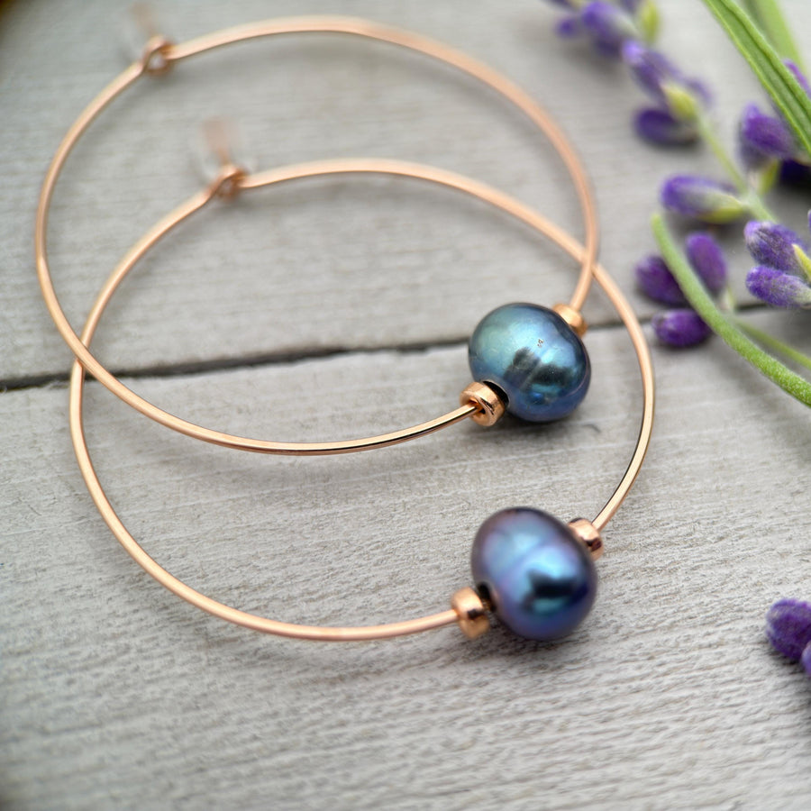 Rose Gold Hoop Earrings with Peacock Pearls | Handmade 14k Rose Gold Fill Hoops | Statement Lightweight 1 - SunlightSilver