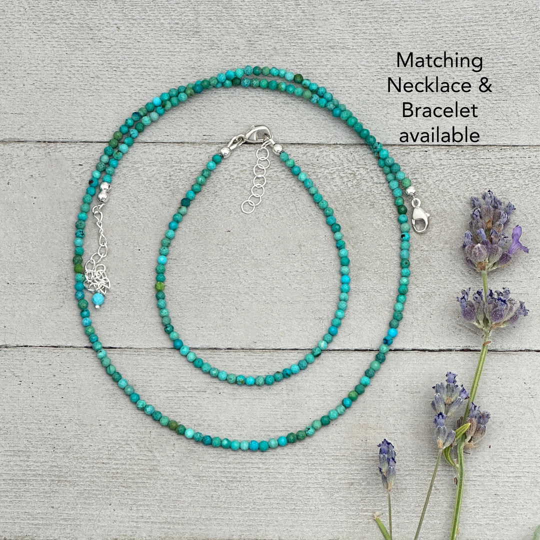 Turquoise Beaded Bracelet – 2mm Faceted Green-Blue Gemstones with Solid 925 Sterling Silver – Handmade in the USA - Adjustable - SunlightSilver