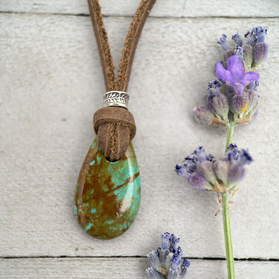 Kingman Turquoise Leather Necklace – Green Turquoise Pendant with Hill Tribe Silver – Adjustable & Handmade in the USA - SunlightSilver