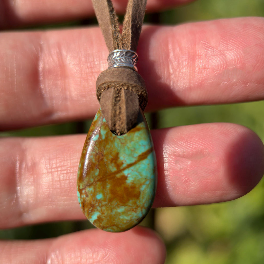 Kingman Turquoise Leather Necklace – Green Turquoise Pendant with Hill Tribe Silver – Adjustable & Handmade in the USA - SunlightSilver