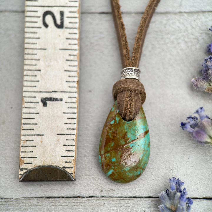 Kingman Turquoise Leather Necklace – Green Turquoise Pendant with Hill Tribe Silver – Adjustable & Handmade in the USA - SunlightSilver